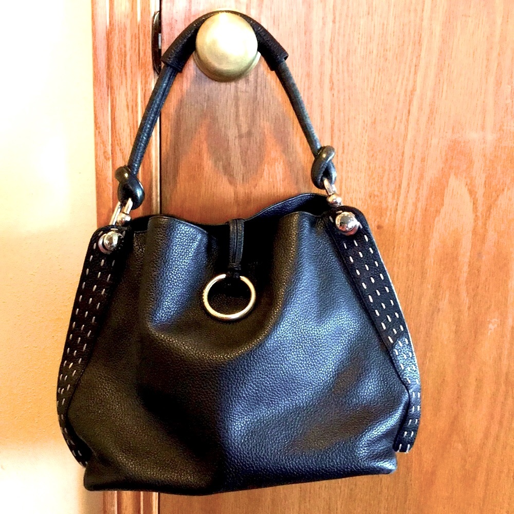 BCBGMAXAZRIA Black Leather Signature Hobo Bag purse silver ring ivory stitched